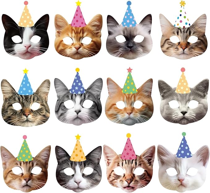 12 Pieces Cat Birthday Party Decoration Masks Cat Favors Kitten Party Kitten Decoration Masks Facial Cats Theme Cats Supplies for Birthday Kids' Dress Up & Pretend Play Supplies