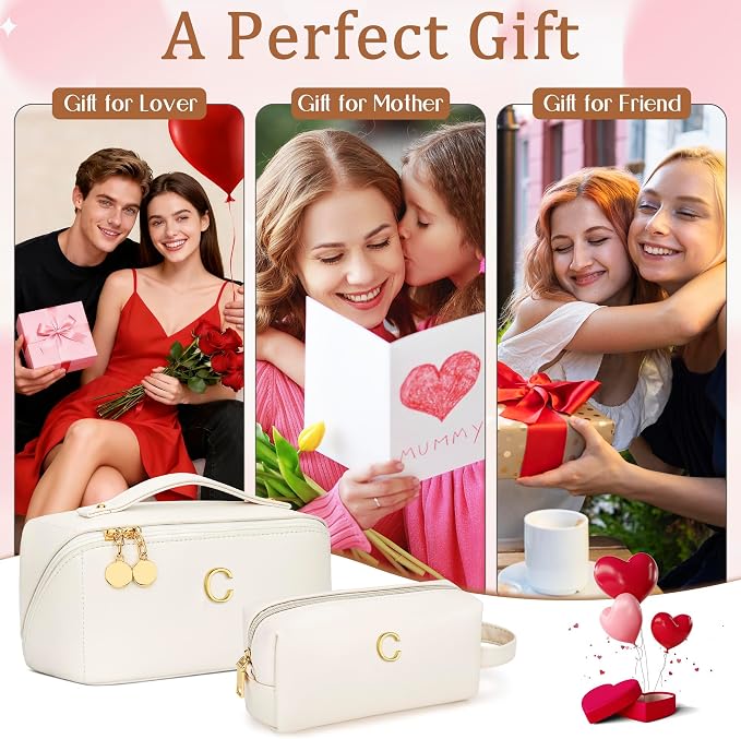 KKXIU Initial Makeup Bag for Women - Personalized Makeup Bag Gifts for Women, Travel Toiletry Bag with PU Leather, Open Flat Design with Top Handle, Cosmetic Bag Set with Multi-Pocket (Beige,C)