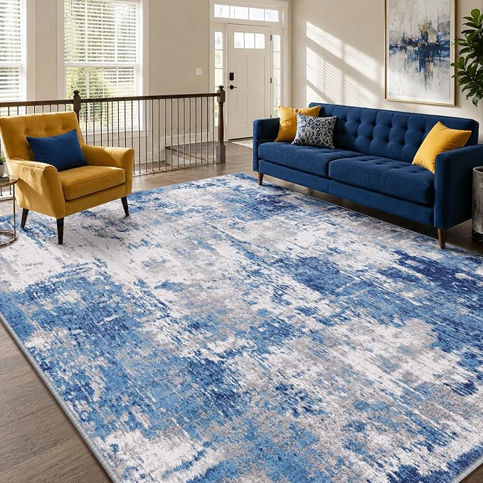 RELEANY Washable 6'x9' Abstract Area Rug for Living Room Blue Gray | carpet for bedroom, kitchen, office, hallway and entryway, printed pattern, non-slip, soft, stain-resistant, easy to clean