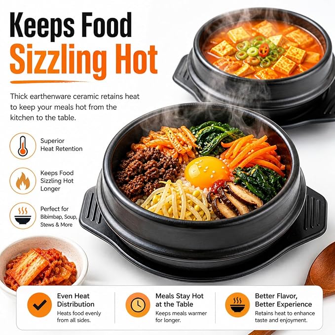 XICHENGSHIDAI Korean Stone Bowl, Dolsot with Tray, 37 Oz, Black | Heat-retaining bowl with tray for bibimbap, soup, stew and ramen; suitable for gas stovetops and ovens, not induction.