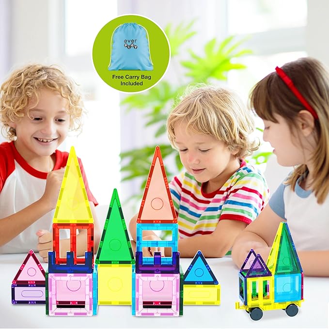 61pc Magnet Tile Building Blocks with Car Base Drawstring Carry Bag Magnetic Construction Toy Structure Build Magnets Toyset Preschool Montessori Toys for Sensory STEAM Education Age 3+ EP61