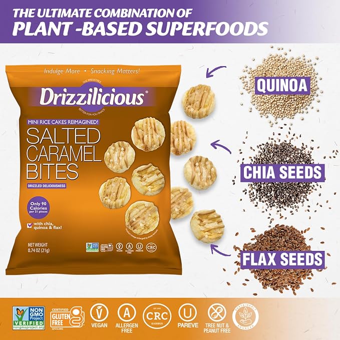 Drizzilicious Mini Flavored Rice Cakes Salted Caramel - Rice Crisps, Healthy Snack for Adults and Kids, Vegan, Gluten Free Snack, Allergen Free, Only 90 Calories Per Bag - 0.74 oz (Pack of 10)