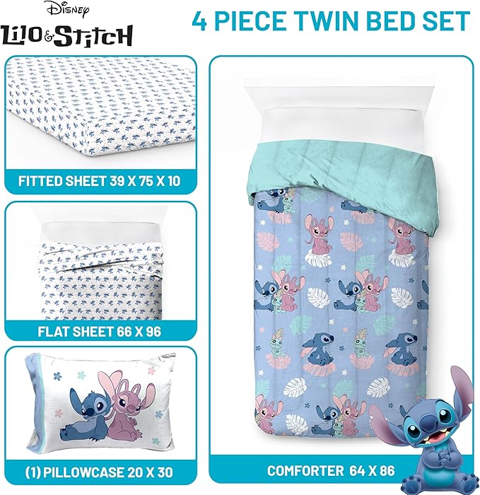 Jay Franco Disney Lilo and Stitch Twin Size Comforter Set - 4 Piece Bedding Includes Sheet Set, Pillow Covers & Bonus Duffle Bag - Super Soft Kids Bedding