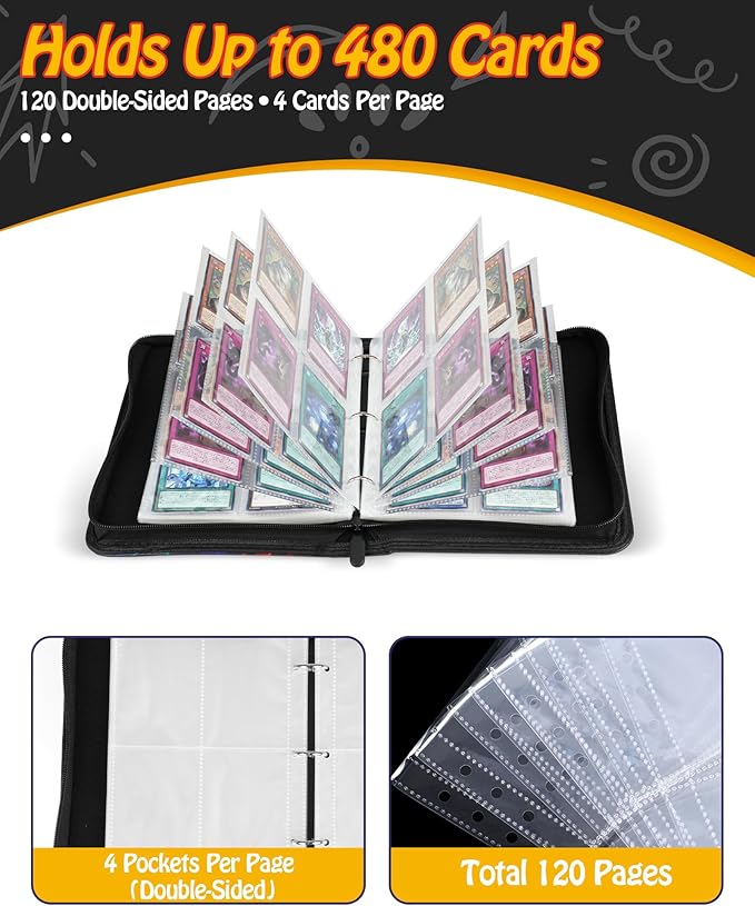 Best baseball card binder 4-Pocket holds 480 cards, 120 pages side-loading, PU leather zip waterproof cover, acid-free pages, for home storage & card shows, baseball cars binder, gift kids boys girls!
