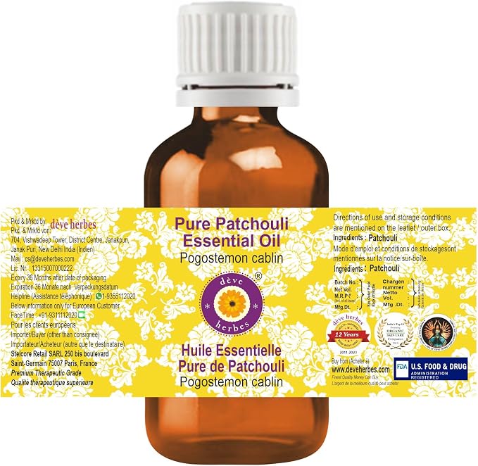 Deve Herbes Pure Patchouli Essential Oil (Pogostemon cablin) 100% Therapeutic Grade Steam Distilled 15ml (0.50 oz)