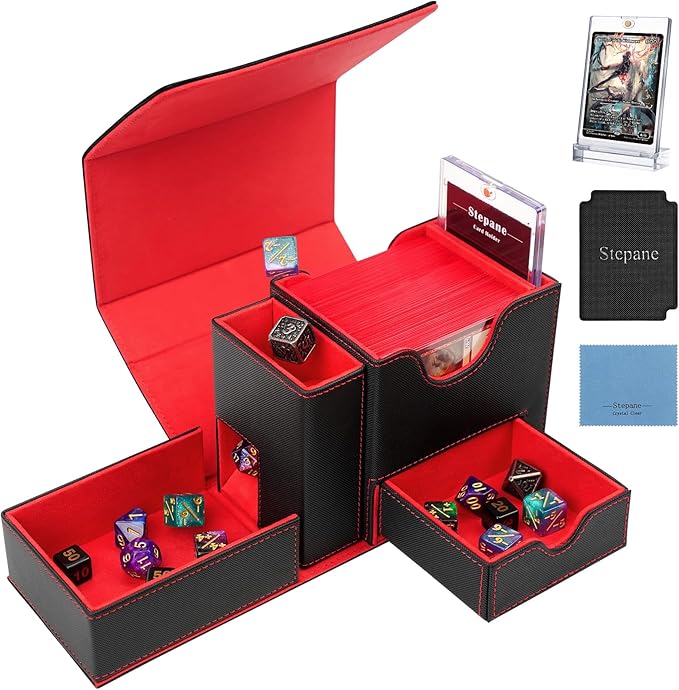 MTG Deck Box for Commander Display with Dice Tower, Fits 100 Double Sleeved Cards for TCG/PTCG, Cards Storage Case with Dice Tray and 35PT Magnetic Card Holder (Black/Red)