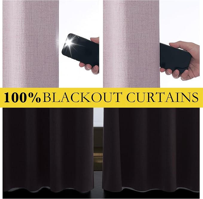 NICETOWN Pink Vintage Linen 100% Blackout Curtains for Living Room, Thermal Insulated Curtains 84“ Long, Noise Reducing Window Treatment Drapes for Hall Room, 52" Wide Per Panel, Set of 2