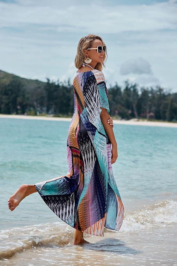 Venasha Womens Caftan Floral Print Kaftan Dress Short Sleeve Swimsuit Cover up Loungewear for Summer