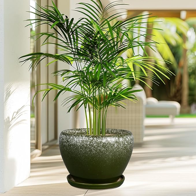 Ceramicfor 10 Inch Planter Pot - Ceramic Pots for Plants with Drainage Hole and Saucer, Round Large Flower Pot for Indoor Plants, Dark Green