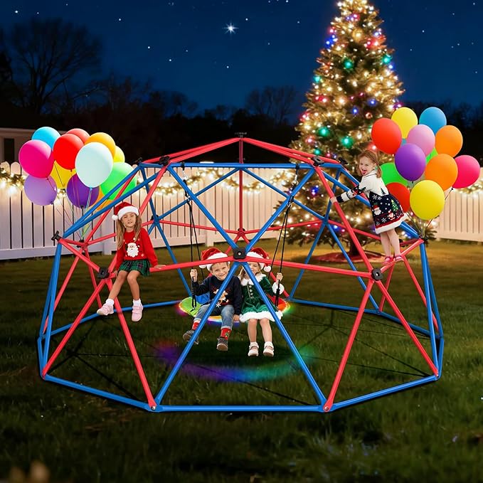 Hapfan Climbing Dome Swing Set with LED Saucer Swing, Jungle Gym for Kids Outdoor Backyard, Supports 800lbs, Easy Asssembly, Rust-Resistant Outdoor Playset for Ages 3-8 8-12