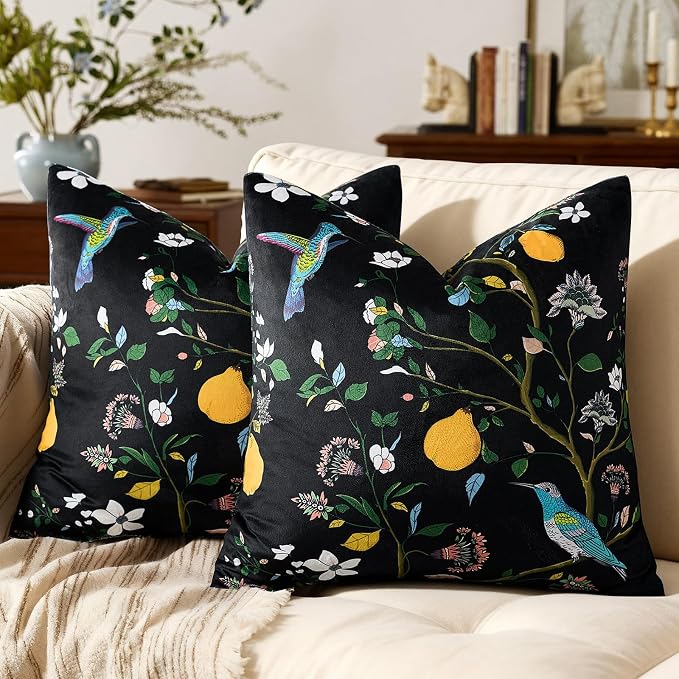 MUSSEL Black Floral Vintage Decorative Pillow Covers 18x18 Set of 2 | Soft Velvet,Wild Flower Plant,Throw Pillows Case,Square,Colorful Farmhouse Cushion Covers,Home Sofa Bed Couch Decor
