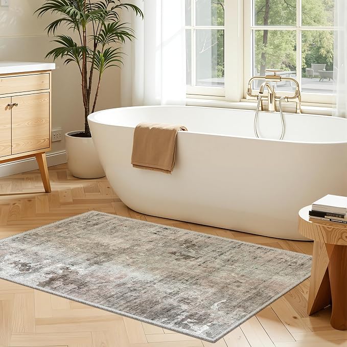 Soalmost 2x3 Abstract Washable Rugs for Kitchen, Small Area Rug Pink/Grey | Non-Slip Vintage Low Pile Throw Door Mat For Bathroom Entryway Laundry Room, Stain Resistant Indoor Entrance Floor Carpet