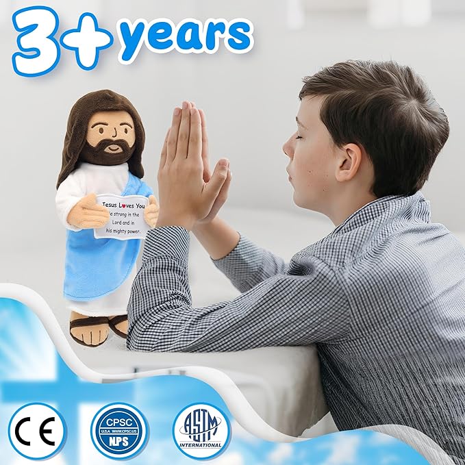 Jesus Plush, 13" Jesus Stuffed Plushie Doll with Positive Card for Christmas Religious Easter Church Sunday School Toy Gift for Kids (B)