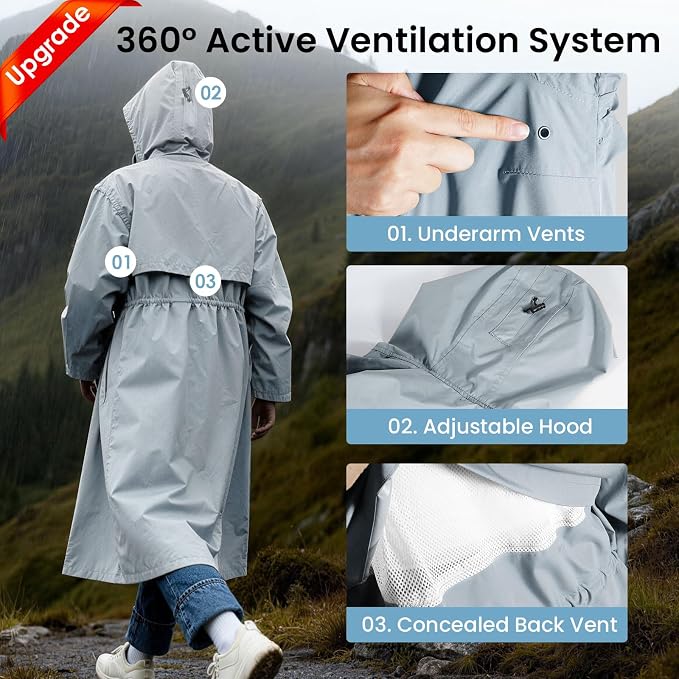 LAMA Womens Long Raincoats Rain Jacket Waterproof Packable Hooded Windbreaker Lightweight Adjustable Waist for Outdoor