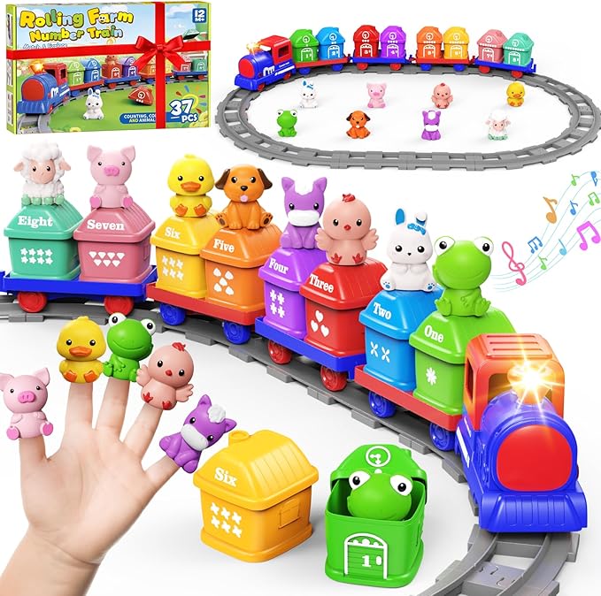 Learning Toys for Toddlers 1 2 3 Year Old,Electric Farm Train Set Toddler 2-4,Counting Matching & Sorting Montessori Train Toy with Farm Animals,Music,Light,Christmas Birthday Gift Baby Boy Girl(blue)