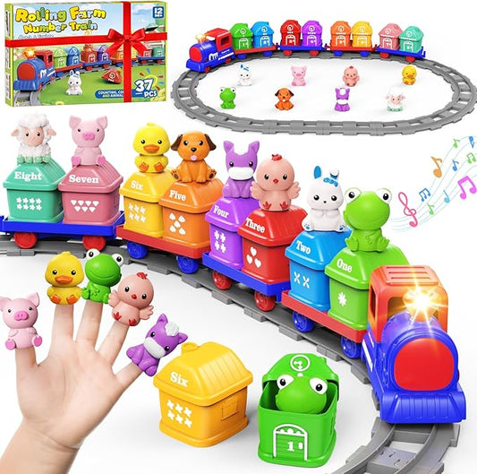 Learning Toys for Toddlers 1 2 3 Year Old,Electric Farm Train Set Toddler 2-4,Counting Matching & Sorting Montessori Train Toy with Farm Animals,Music,Light,Christmas Birthday Gift Baby Boy Girl(blue)