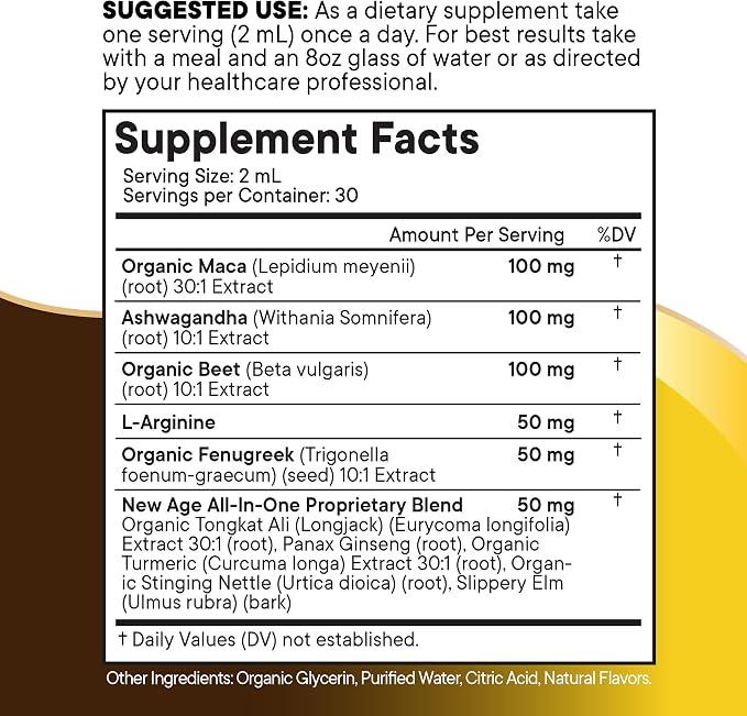 Organic Maca Root Liquid Drops with Ashwagandha, Nettle, Fenugreek, Beet Root and L-Arginine Liquid Multivitamin for Women and Men
