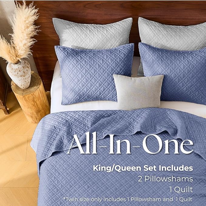 DOWN HOME Queen Quilt Set with Shams Lightweight Quilted Bedspread Coverlet Thin Comforter Bed Cover Vintage Washed Quilted Blanket for All Season, Brushed Microfiber Diamond Stitching, Blue, 88"x92"