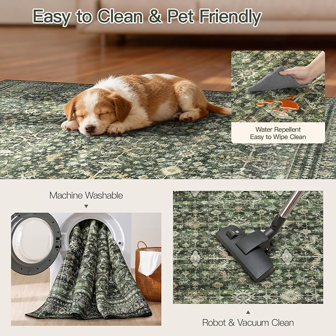 3x5 Area Rugs for Entryway, Green Washable Non-Slip Area Rug for Kitchen | Low Pile Soft Small Rugs, Vintage-Style Carpet for Bathroom Bedroom Tool Room, Stain Resistant Foldable Distressed Rug