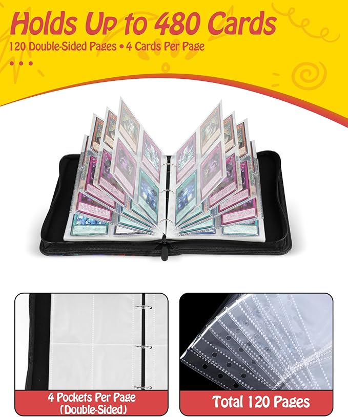Best baseball card binder 4-Pocket holds 480 cards, 120 pages side-loading, PU leather zip waterproof cover, acid-free pages, for home storage & card shows, baseball cars binder, gift kids boys girls!