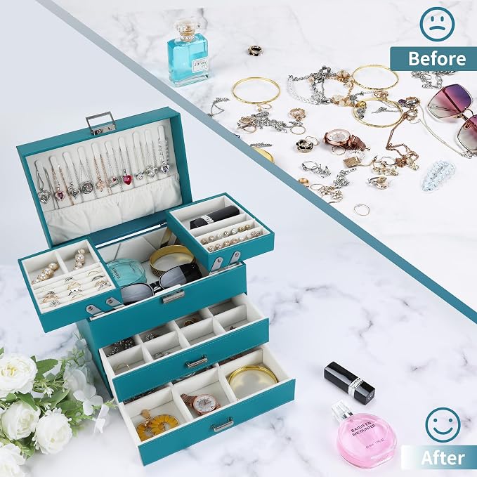 Jewelry Organizer Box, Large Jewelry Boxes for Girls, Space-Saving 4 Layers Jewelry Storage Case with Drawer, Gift for Women, PU Leather, Movable Metal Stand, Modern (Blue)