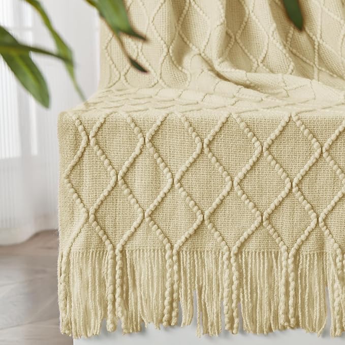 inhand Cloud Cream Knitted Throw Blanket for Couch and Bed, 50"x60" | Soft Living Room Home Decor Knitted Blanket with Tassel, Outdoor Lightweight Breathable , Farmhouse Warm Woven Decorative