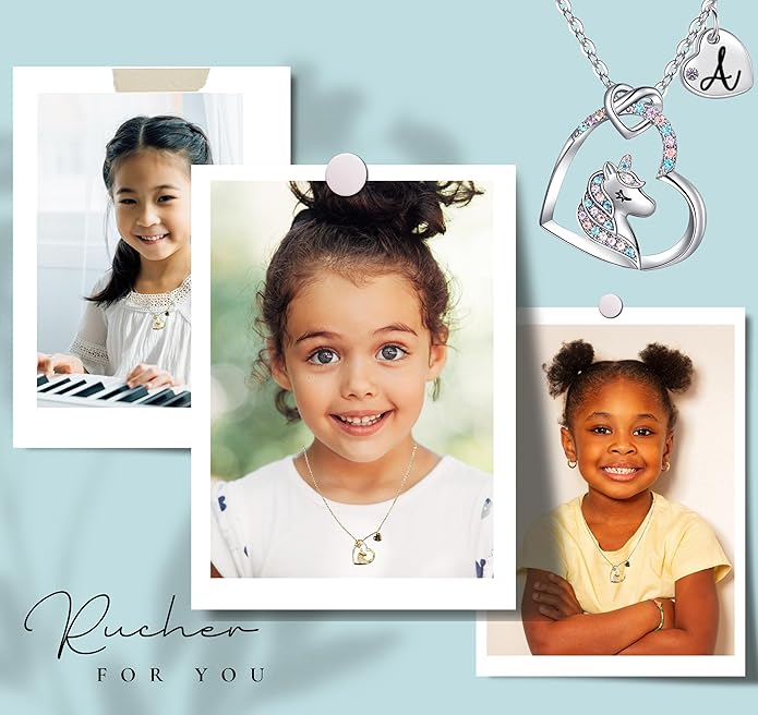 Valentines Day Gifts for Kids Girls - Unicorn Necklace for Girls with Initial Heart Pendant & Gift Box, 18K Gold Fashion Kids Jewelry, Colorful Heart Necklace for Birthdays & Costume Parties.