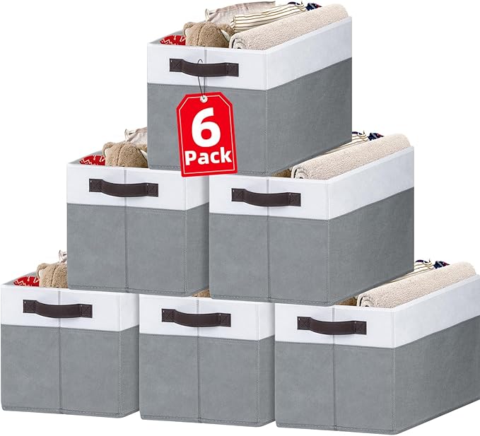 Closet Organizers and Storage Baskets - 6 Pack Shelf Organizer Bins with Handles - Clothes Storage Bins for Bedroom Nursery Home Closet Organization - Blanket Toy Storage Organizer