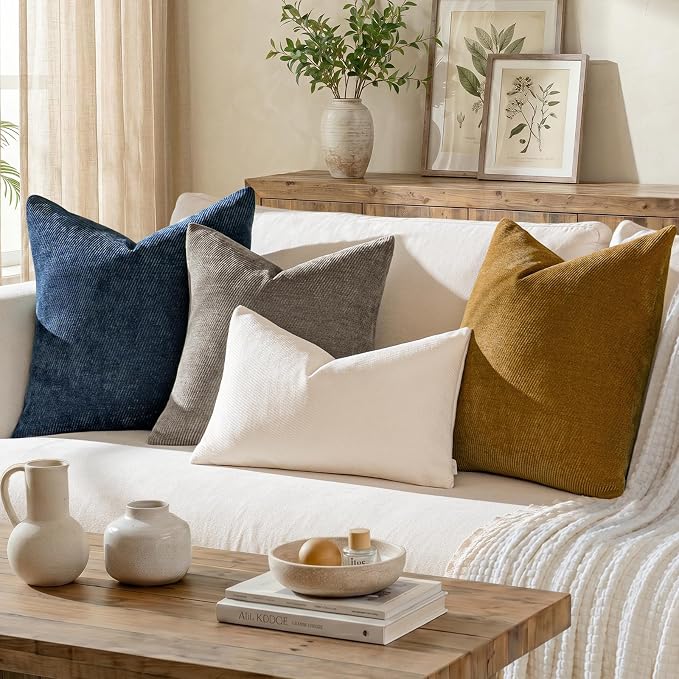 Fall Decorative Throw Pillow Covers Pack of 2,16x16 Inch Warm Brown | Twill Chenille Cushion Covers for Sofa Living Room Couch Bed