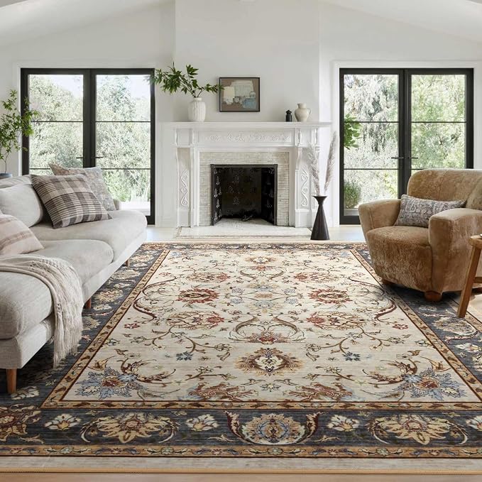 8x10 Ft Extra Large Washable Area Rugs for Living Room, Thin Floral Vintage Print Rug Non Slip Carpet for Bedroom Dining Room Kidsroom Home Decor (Beige Yellow)