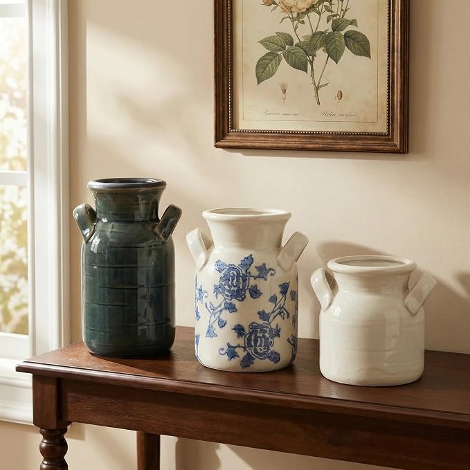 Ceramic Vase Set of 3 with Two Handles, Blue White Neutral Rustic Modern Farmhouse Boho Decor, Versatile as Table Centerpiece or Mantel & Shelf Accent - Unique Home Gift Idea