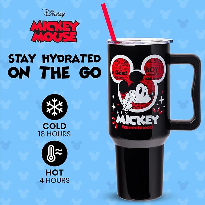 Silver Buffalo Disney Classic Mickey Mouse Hashtag Current Mood “#currentmood” Double Walled Stainless Steel Tumbler with Handle and Straw, Fits in Standard Cup Holder, 40 Ounces