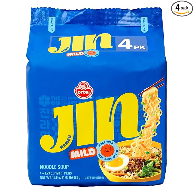 OTOKI Jin Ramen Mild Korean Instant Ramen, 13-Hour Simmered Beef Bone Broth, Mild Savory Flavor, Ready in 4 Minutes, 4.23 oz (Pack of 4)