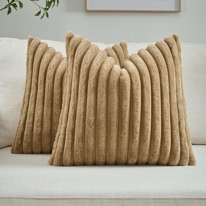 FUTEI Pack of 2 Faux Fur Throw Pillow Covers 28x28 Inch, Camel | Fluffy Faux Rabbit Fur Front/Premium Velvet Back,Hidden Zipper,Machine Washable,Non-Shedding,Colorfast,Insert Not Included.