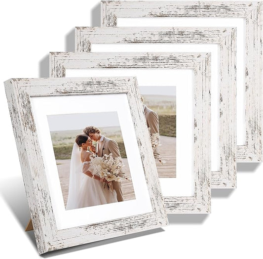 Hongkee 8x8 Picture Frames Set of 4, Made of Glass and Distressed White Wooden Frame - Display Picture 6x6 with Mat or 8 x 8 Without Mat, 8 by 8 Photo for Wall or Tabletop
