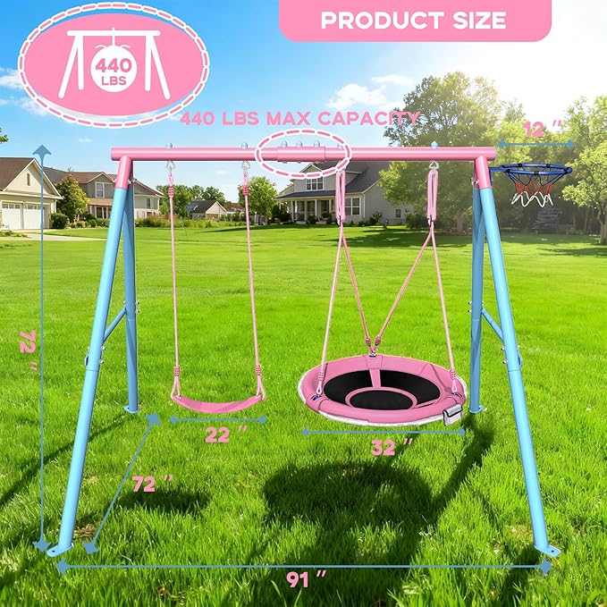 3-in-1 Heavy Duty Metal Swing Set for Backyard, 440 lbs Capacity Outdoor Playset with 32" Saucer Swing & 19" Belt Swing - Kids & Adults Play Equipment Ages 3-8