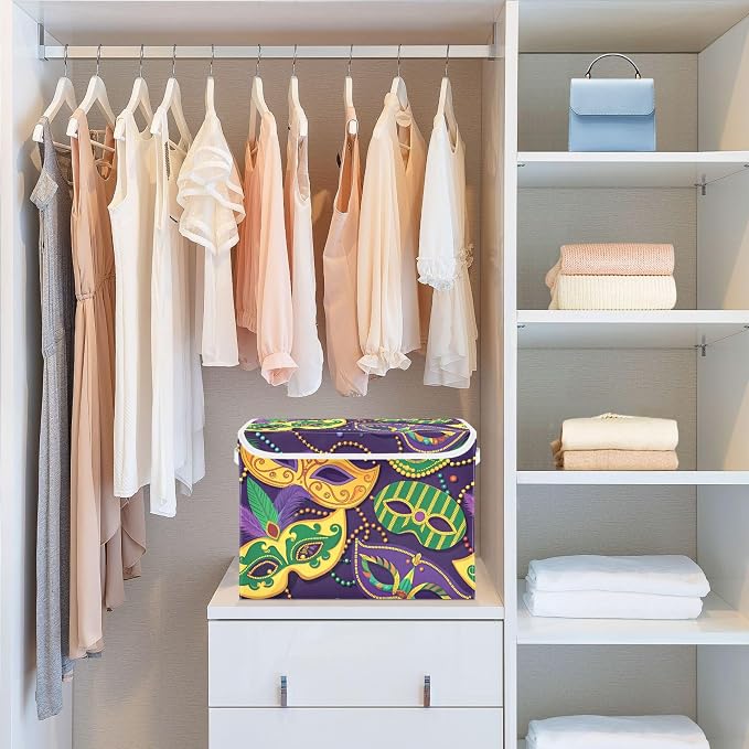 Mardi Gras Mask Storage Bins with Lids and Carrying Handle,Foldable Storage Boxes Organizer Containers Baskets Cube with Cover for Home Bedroom Closet Office