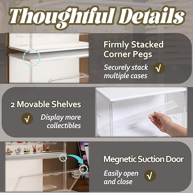 Clear Display Case for Collectibles, 3-Tier Adjustable Figure Display Case with LED Light, Stackable Acrylic Showcase with Magnetic Door for Model Figures, Jewelry & Collectibles (2PCS,White)