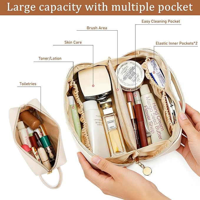 KKXIU Initial Makeup Bag for Women - Personalized Makeup Bag Gifts for Women, Travel Toiletry Bag with PU Leather, Open Flat Design with Top Handle, Cosmetic Bag Set with Multi-Pocket (Beige,J)