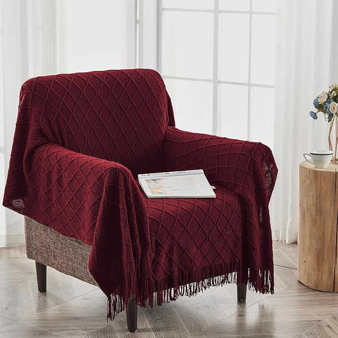 inhand Claret Knitted Throw Blanket for Couch and Bed, 50"x60" | Gifts for Mom from Daughter Son, Soft Lightweight with Tassel, Farmhouse Warm Decorative Blanket for Women, Cozy Knit