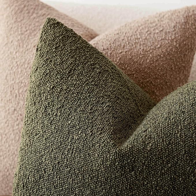 Foindtower Set of 2, Decorative Textured Boucle Throw Pillow Covers Accent Solid Pillow Cases Neutral Soft Cozy Couch Cushion Case for Chair Sofa Bedroom Living Room Home Decor 16x16 Inch Moss Green
