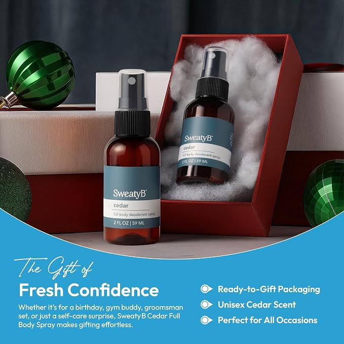 SweatyB® Full Body Deodorant Spray - Non-Irritant, Sensitive Skin-Friendly Spray for Women & Men - Made in USA - Cedar - 2 oz - 1 pack