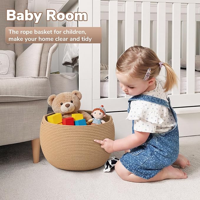 Goodpick Large Woven Storage Basket for Organizing, 15.7" x 10.5", Camel | Round Cotton Rope Basket With Handles, Holds Blankets, Toys & Daily Essentials, Decorative Basket for Living Room & Bedroom