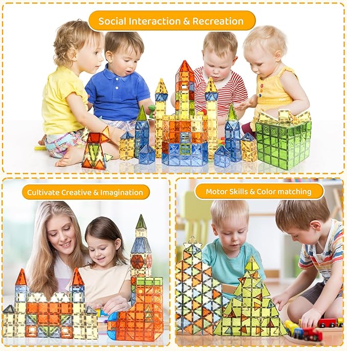 120 PCS Magnetic Tiles, Diamond Magnet Tiles with 2 Cars Magnetic Blocks STEM Toys 3D Kids Preschool Educational Sensory Toys Gift for Toddlers Kids Boys Ages 3 4 5 6 7 8 9+ Year Old
