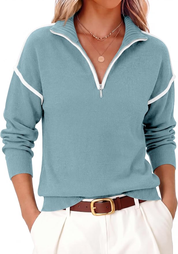ANRABESS Womens Quarter Zip Sweaters Fall Long Sleeve V Neck Shirts Collared Business Casual Tops Knit Pullover Sweatshirts