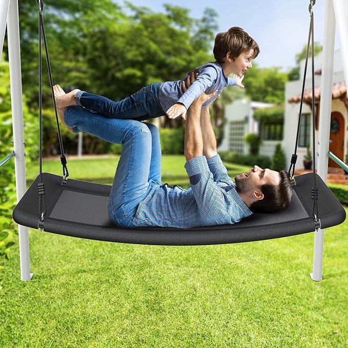 Trekassy Swing Sets for Backyard, 440lbs Heavy Duty A-Frame Metal Stand with 60" Large Platform Swing for Outdoor Playground Park（Green/White Frame + Black Swing）(Patented)