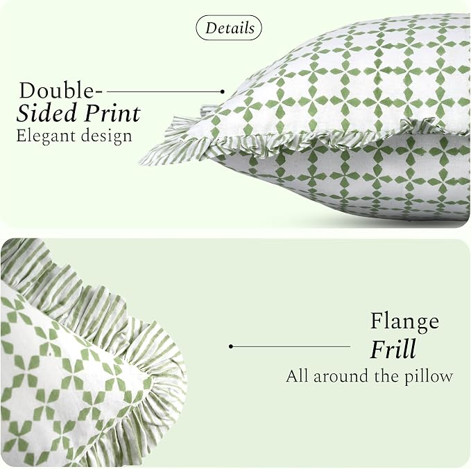 CPC Kelly Green Hand Block Print 100% Cotton Ruffle Throw Pillow Cover 20x20 inch with Hidden Zipper Decorative for Couch, Bed, Sofa, Farmhouse, Cottagecore Decor Gift Christmas Fall Thanksgiving