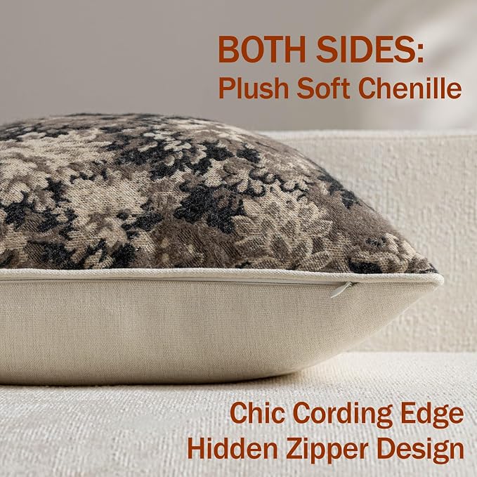 Pack of 2 Vintage Floral Pillow Covers 12x20 Boho Farmhouse Accents Chenille Rectangular Lumbar Decorative Throw Pillow Cases for Living Room Couch Bed Home Decor, Taupe