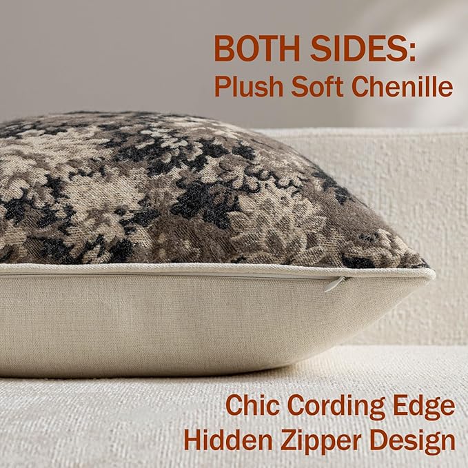 Pack of 2 Vintage Floral Throw Pillow Covers 18x18 Boho Farmhouse Accents Chenille Square Decorative Pillow Cases for Living Room Couch Bed Home Decor, Taupe