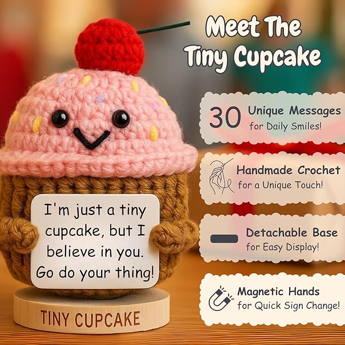 Friendship Gift for Women - Handmade Positive Cupcake Crochet Doll with 30 Cute and Uplifting Affirmation Cards - Birthday Gift for Women, Best Friend, Coworkers, Classmate, Sister, Woman Friends, BFF